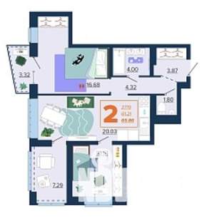 2-к квартира, вторичка, 66м2, 4/16 этаж