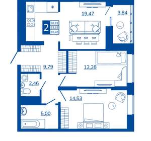 2-к квартира, вторичка, 65м2, 7/17 этаж