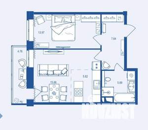 1-к квартира, вторичка, 54м2, 2/16 этаж