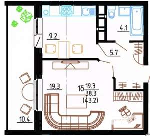 1-к квартира, вторичка, 43м2, 10/16 этаж