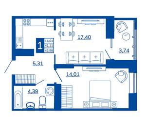 1-к квартира, вторичка, 42м2, 8/17 этаж