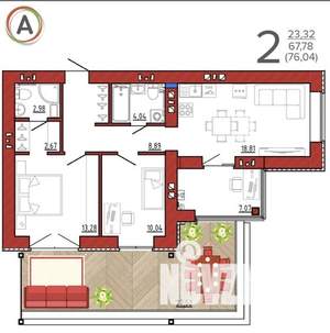 2-к квартира, сданный дом, 76м2, 1/9 этаж