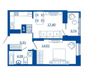 1-к квартира, вторичка, 42м2, 12/17 этаж