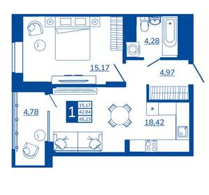 1-к квартира, вторичка, 45м2, 5/17 этаж