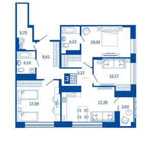3-к квартира, вторичка, 93м2, 14/17 этаж