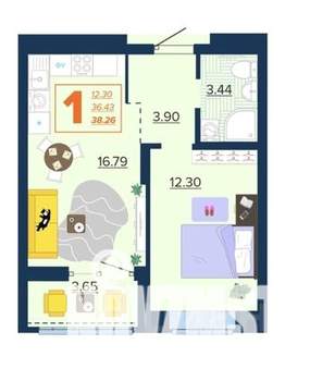 1-к квартира, вторичка, 38м2, 15/16 этаж