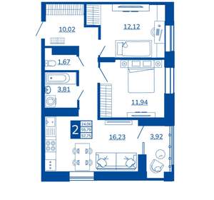 2-к квартира, вторичка, 57м2, 7/17 этаж