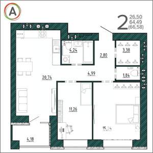 2-к квартира, вторичка, 67м2, 9/9 этаж
