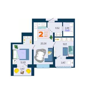 2-к квартира, вторичка, 54м2, 9/16 этаж
