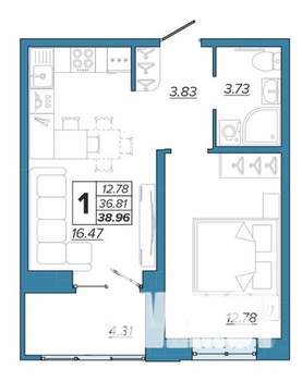 1-к квартира, вторичка, 39м2, 14/16 этаж
