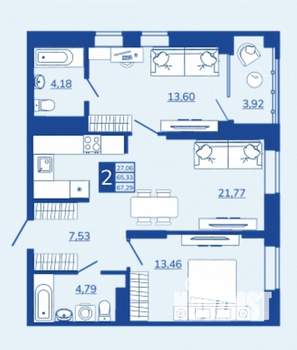 2-к квартира, вторичка, 67м2, 3/17 этаж