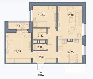 3-к квартира, сданный дом, 69м2, 15/16 этаж