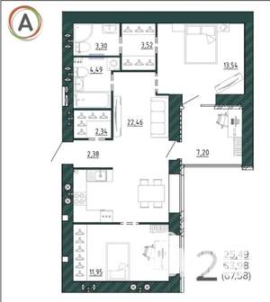 2-к квартира, сданный дом, 68м2, 5/9 этаж