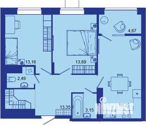 2-к квартира, вторичка, 69м2, 8/16 этаж