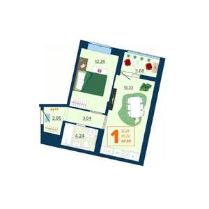 1-к квартира, вторичка, 43м2, 1/16 этаж