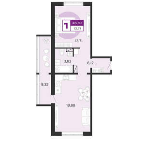 1-к квартира, вторичка, 47м2, 1/10 этаж