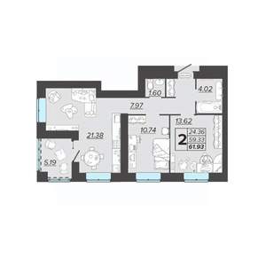 2-к квартира, вторичка, 62м2, 2/9 этаж