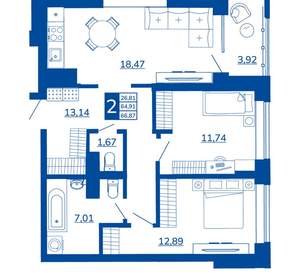 2-к квартира, вторичка, 66м2, 2/17 этаж