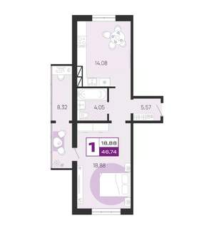 1-к квартира, вторичка, 47м2, 2/10 этаж