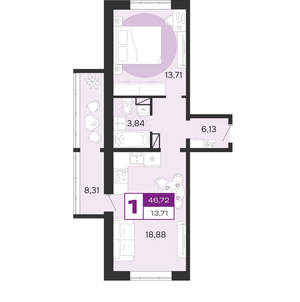 1-к квартира, вторичка, 47м2, 4/8 этаж