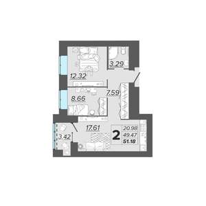 2-к квартира, вторичка, 51м2, 12/15 этаж