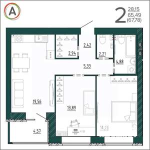 2-к квартира, вторичка, 68м2, 6/9 этаж