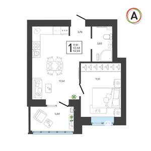 1-к квартира, вторичка, 43м2, 7/9 этаж