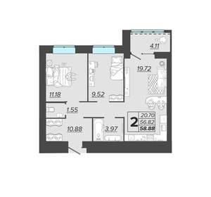 2-к квартира, вторичка, 59м2, 8/15 этаж