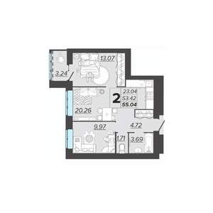 2-к квартира, вторичка, 55м2, 2/9 этаж