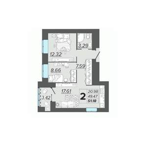 2-к квартира, вторичка, 51м2, 12/15 этаж