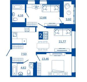 2-к квартира, вторичка, 66м2, 13/17 этаж