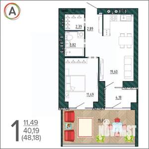1-к квартира, вторичка, 48м2, 1/9 этаж