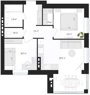 2-к квартира, строящийся дом, 54м2, 2/4 этаж