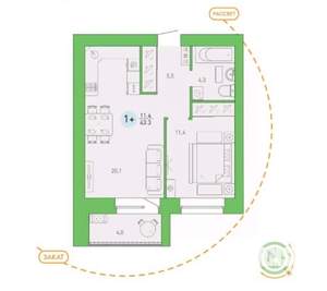 1-к квартира, сданный дом, 43м2, 3/9 этаж