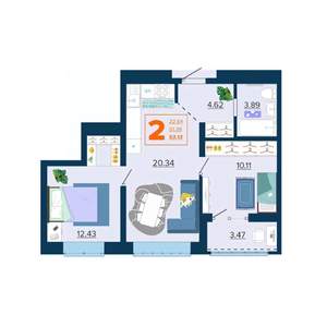 2-к квартира, вторичка, 53м2, 11/16 этаж