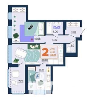 2-к квартира, вторичка, 65м2, 3/16 этаж