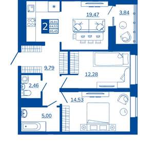 2-к квартира, вторичка, 65м2, 12/17 этаж