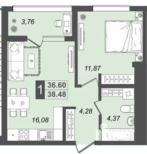 1-к квартира, вторичка, 38м2, 1/17 этаж