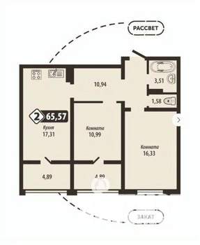 2-к квартира, вторичка, 66м2, 10/16 этаж