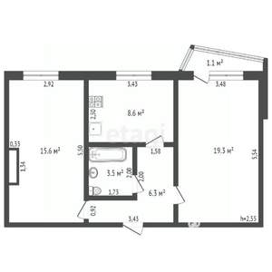 2-к квартира, вторичка, 54м2, 1/9 этаж