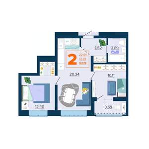 2-к квартира, вторичка, 53м2, 16/16 этаж