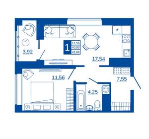 1-к квартира, вторичка, 42м2, 17/17 этаж