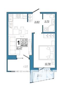 1-к квартира, вторичка, 40м2, 12/16 этаж