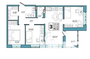 3-к квартира, вторичка, 75м2, 2/16 этаж