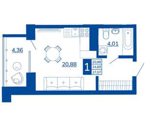 1-к квартира, вторичка, 27м2, 2/17 этаж