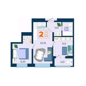 2-к квартира, вторичка, 53м2, 7/16 этаж