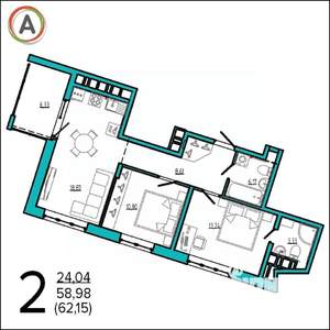 2-к квартира, сданный дом, 62м2, 6/16 этаж