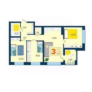 3-к квартира, вторичка, 75м2, 12/16 этаж