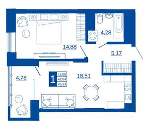 1-к квартира, вторичка, 45м2, 4/17 этаж