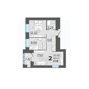 2-к квартира, вторичка, 51м2, 13/15 этаж